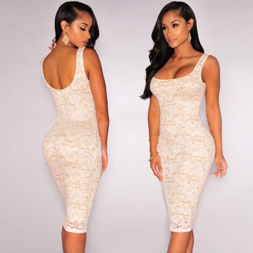 White Floral Lace on Nude Lining Sleeveless Round Neck Little Bodycon Dress