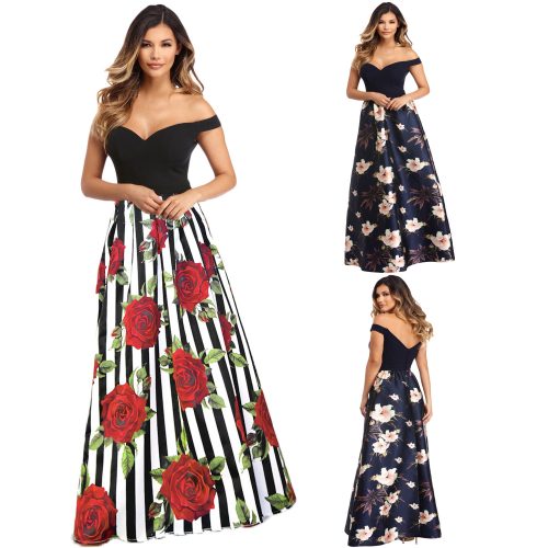 Off Shoulder Sweetheart Neck Floral Print Maxi Dress Long Gown