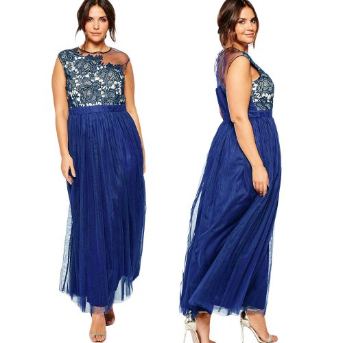 Floral Lace Sleeveless Round Neck Chiffon Gown Plus Size Maxi Long Dress