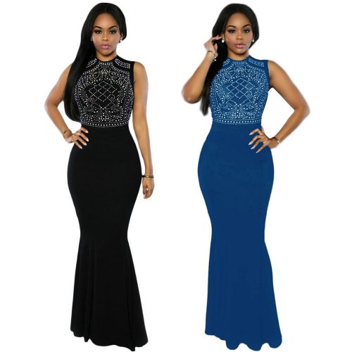 Sleeveless Studded Diamante Curve Hugging Maxi Long Gown