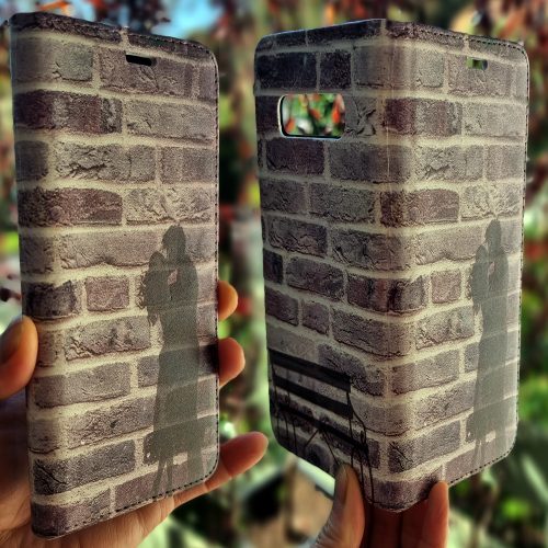 Kissing Couple Silhouette on Brick Wall Theme Print Flip Case Wallet Mobile Phone Cover
